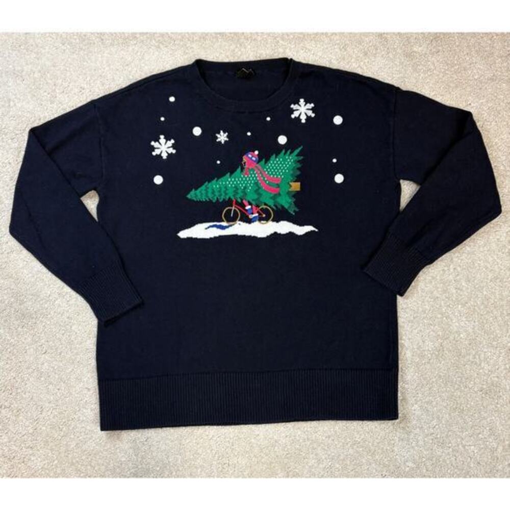 Talbots Christmas Tree Bike Snow Crewneck Pullover Sweater Size S